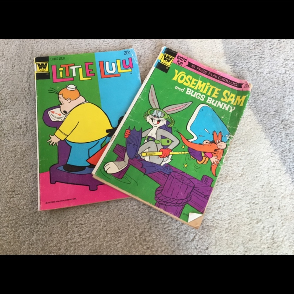 2 vintage comic books:  Yosemite Sam and Bugs Bunny and little lulu by Whitman